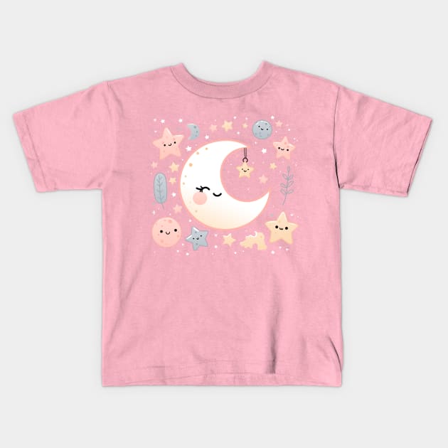 Pastel Moons and Stars Kids T-Shirt by JashaCake